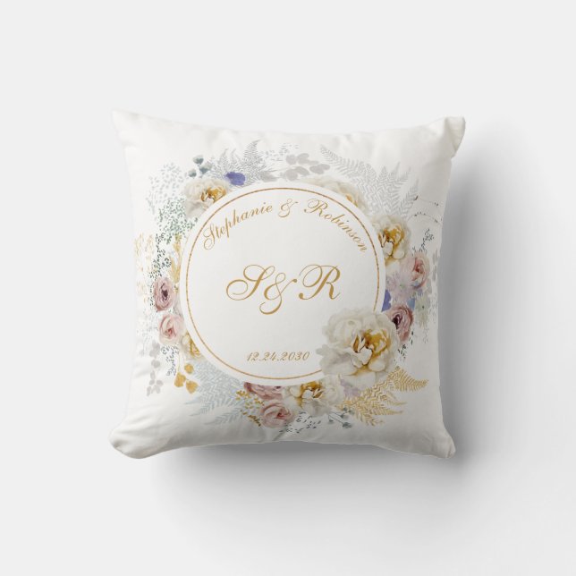 Gold Floral Monogram Wedding Throw Pillow (Front)
