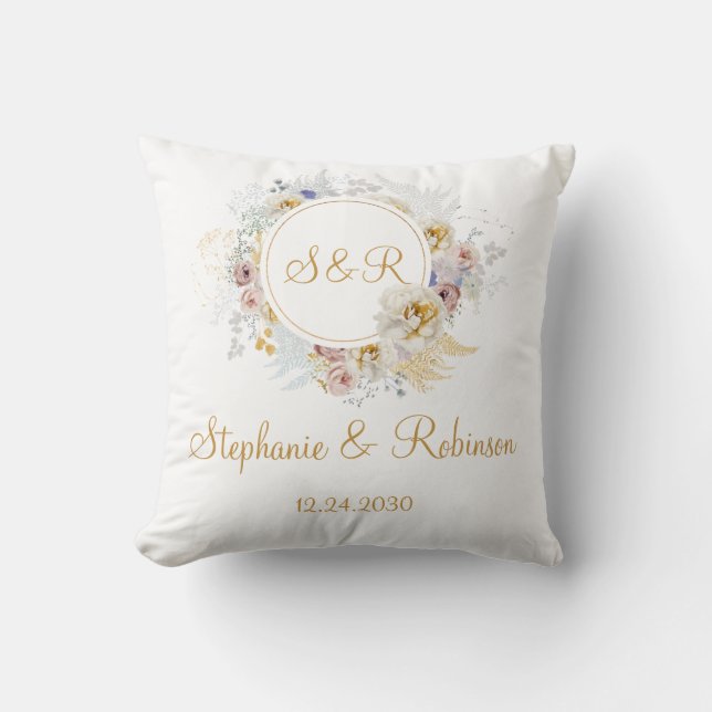 Gold Floral Monogram Wedding Throw Pillow (Front)