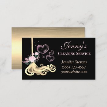 Gold Floral Mop & Bubbles House Cleaning Service Business Card by tyraobryant at Zazzle