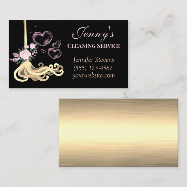 Gold Floral Mop & Bubbles House Cleaning Service Business Card (Front/Back)