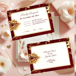 Gold Floral Motif Asymmetric Grand Indian Wedding RSVP Card