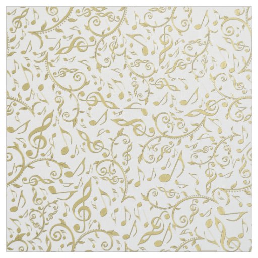 Gold Floral Music Notes and Clefs Pattern Fabric