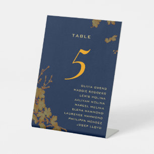 Gold Floral Navy Blue Guest Names Table Number Pedestal Sign