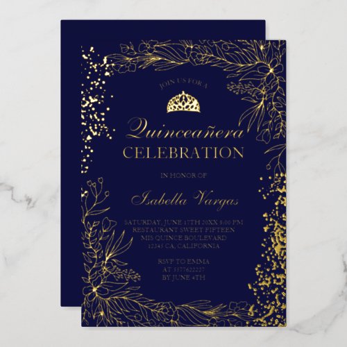 Gold floral navy blue Tiara chic Quinceanera  Foil Invitation