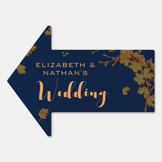  Gold Floral Navy Blue Wedding Direction Arrow Sign (Front)