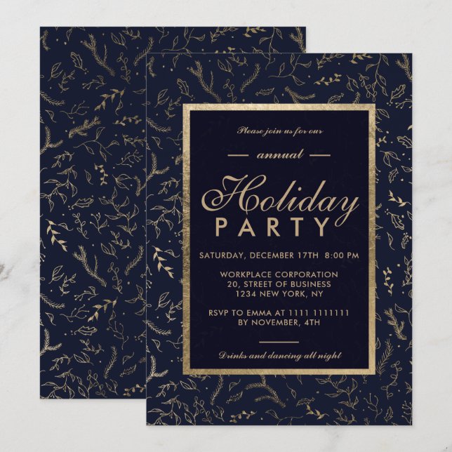 Gold floral navy blue winter corporate holiday invitation (Front/Back)