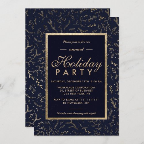 Gold floral navy blue winter corporate holiday invitation