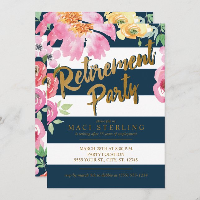 Gold, Floral & Navy Retirement Party Invitations (Front/Back)