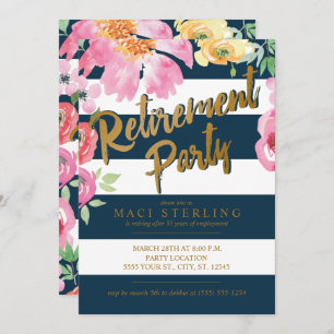 Gold, Floral & Navy Retirement Party Invitations
