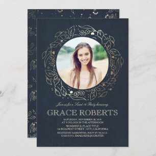 Gold Floral Navy Vintage Sweet Sixteen Birthday Invitation