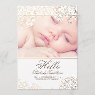 Gold Floral Newborn Baby Photo Birth Announcement