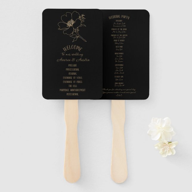 Gold Floral on Black Background Hand Fan (Front and Back)