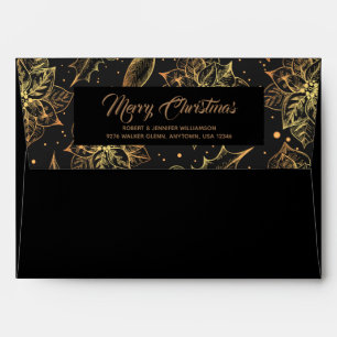 Gold Floral on Black Christmas Holiday Envelope
