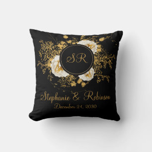 Gold Floral On Black Monogram Logo Wedding Gift  Throw Pillow