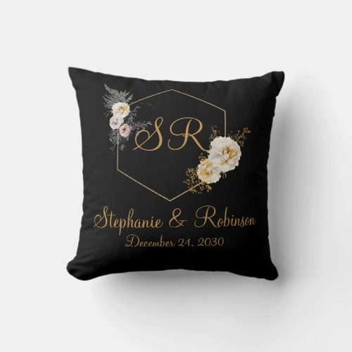 Gold Floral On Black Monogram Logo Wedding Gift Throw Pillow