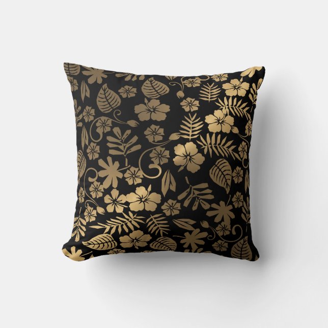 Gold floral on Black  Throw Pillow (Front)