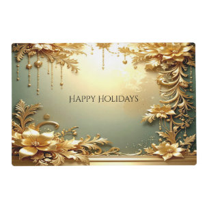 Gold Floral Ornaments Holiday Paper Placemat