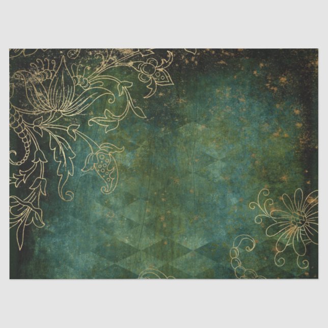 Gold Floral Outlines on Green Decoupage Tissue Paper (Front)