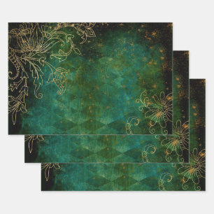 Gold Floral Outlines on Green Wrapping Paper Sheets
