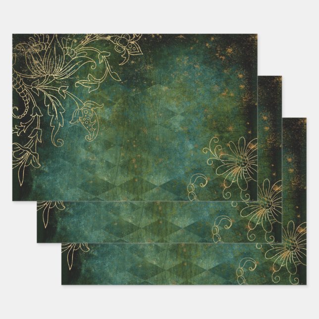 Gold Floral Outlines on Green Wrapping Paper Sheets (Set)