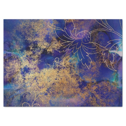 Gold Floral Outlines on Purple Decoupage Tissue Paper