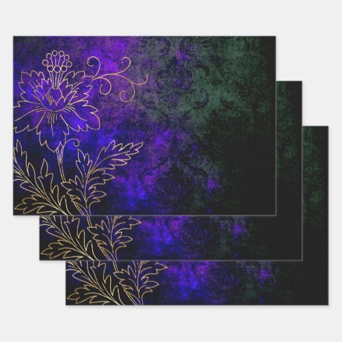Gold Floral Outlines on Purple Green Wrapping Paper Sheets