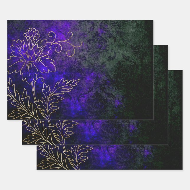 Gold Floral Outlines on Purple Green Wrapping Paper Sheets (Set)