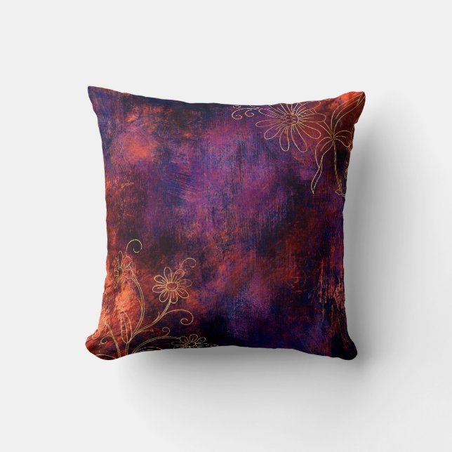 Gold Floral Outlines on Purple Orange Throw Pillow (Front)