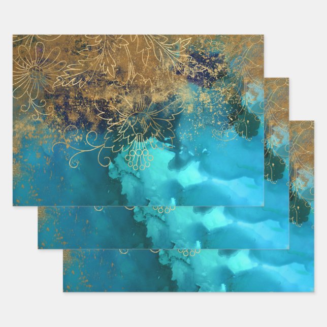 Gold Floral Outlines on Teal Green Wrapping Paper Sheets (Set)