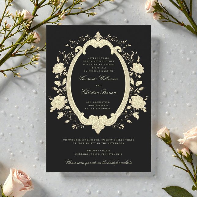 Gold Floral Oval Frame Black Elegant Wedding Invitation (Creator Uploaded)