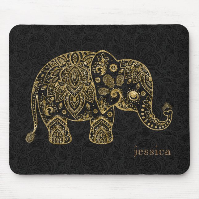 Gold Floral paisley Elephant Illustration Mouse Pad (Front)