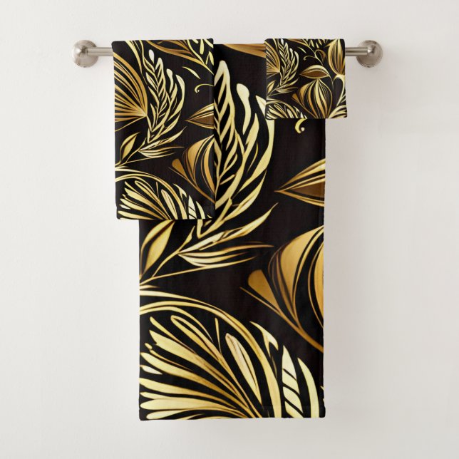 Gold Floral Pattern On Black Bath Towel Set (Insitu)