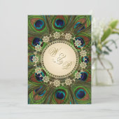 Gold Floral Peacock Feathers Wedding Invitation (Standing Front)