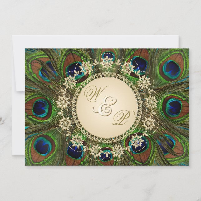 Gold Floral Peacock Feathers Wedding Invitation (Front)
