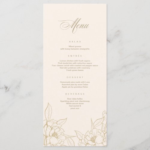 gold floral Peony Ivory Wedding Menu card