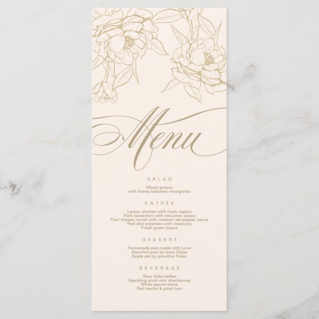 gold floral Peony, Ivory Wedding Menu card (Front)