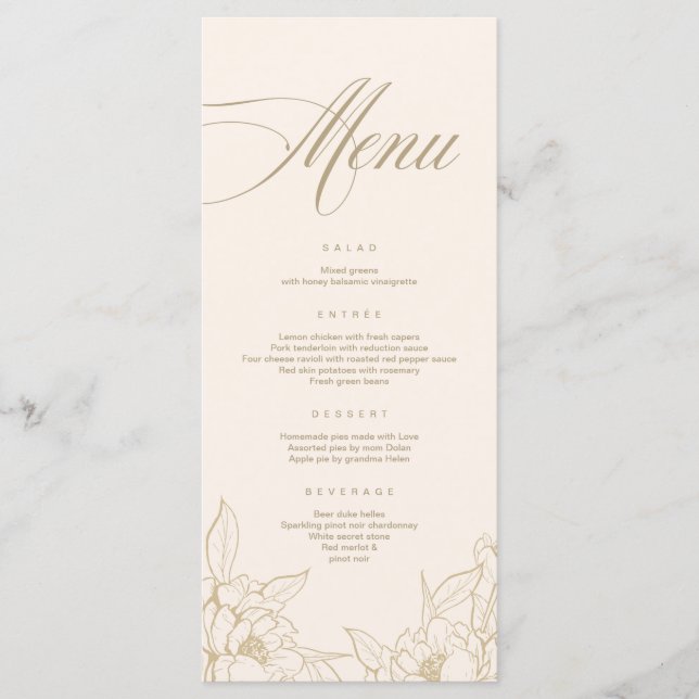gold floral Peony, Ivory Wedding Menu card (Front)