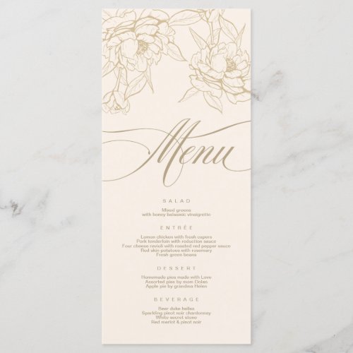 gold floral Peony Ivory Wedding Menu card