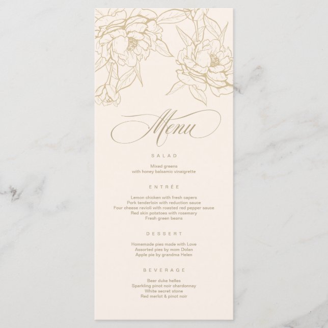 gold floral Peony, Ivory Wedding Menu card (Front)