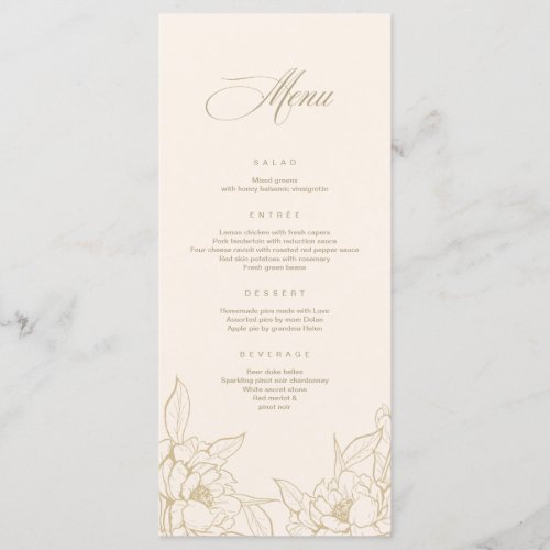 gold floral Peony Ivory Wedding Menu card