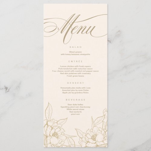 gold floral Peony Ivory Wedding Menu card