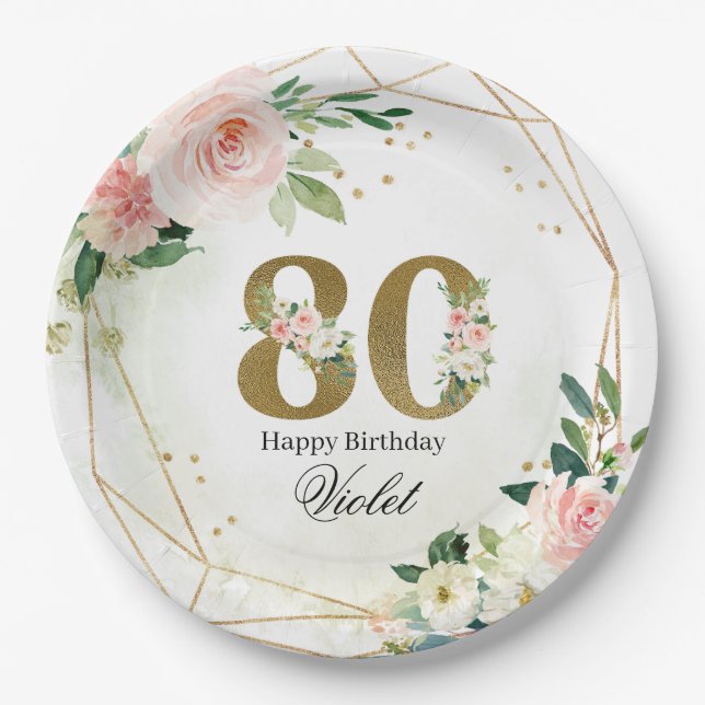 Gold & Floral Personalized Custom 80th Paper Plates (Front)