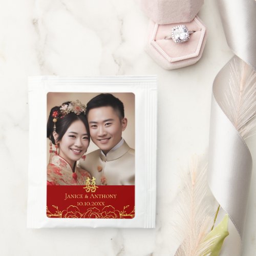 Gold floral photo couple Chinese wedding welcome Tea Bag Drink Mix