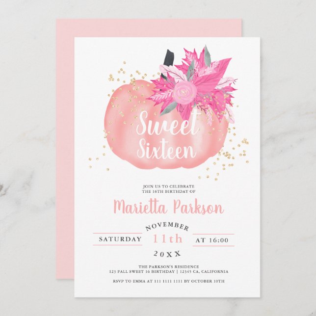 Gold floral pink pumpkin script fall Sweet 16 Invitation (Front/Back)