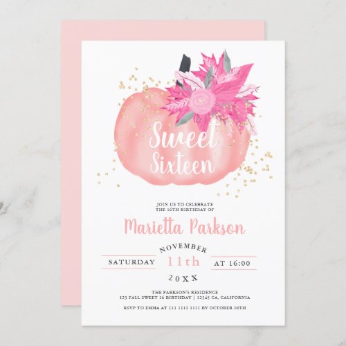 Gold floral pink pumpkin script fall Sweet 16 Invitation