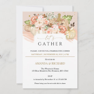 Gold Floral Pumpkin Thanksgiving Dinner Invitation