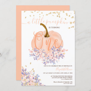 gold floral pumpkin watercolor first birthday invitation