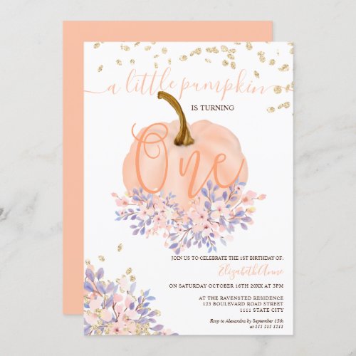 gold floral pumpkin watercolor first birthday invitation