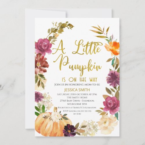 Gold Floral Pumpkin Wreath Baby Shower Invitation
