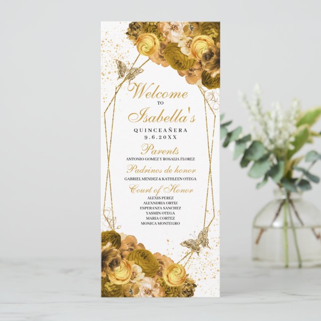 Gold Floral Quinceanera Program (Standing Front)